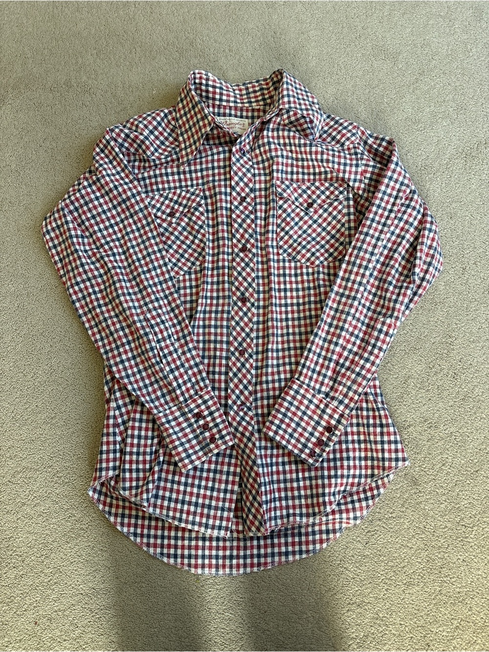 Men’s Vintage Red/White/Blue Wrangler Pearl Snap Button-Down Shirt | Size M